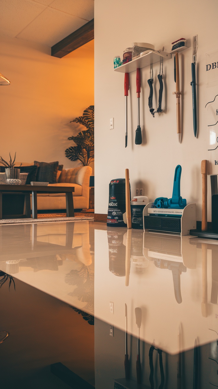 A cozy living room with a polished epoxy floor and maintenance tools organized on the wall.