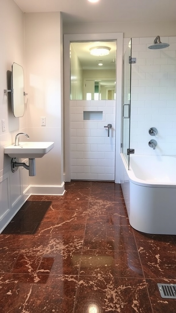 A clean bathroom with epoxy floors, showcasing a bright and shiny surface.