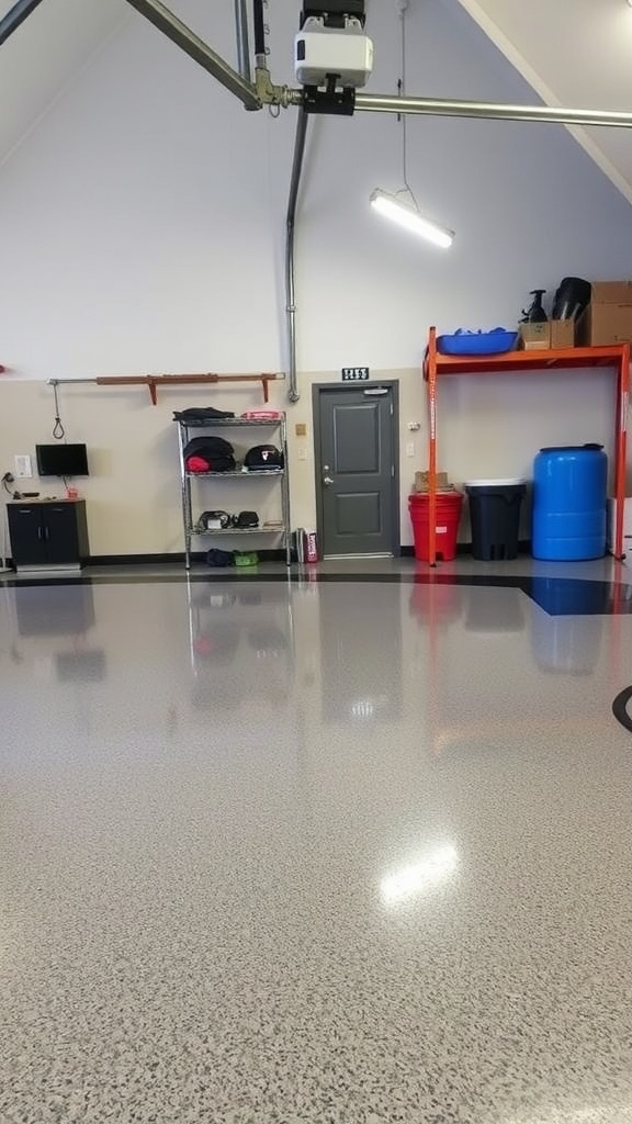A well-maintained garage bar with a shiny epoxy floor, showcasing a stylish setup for parties and relaxation.