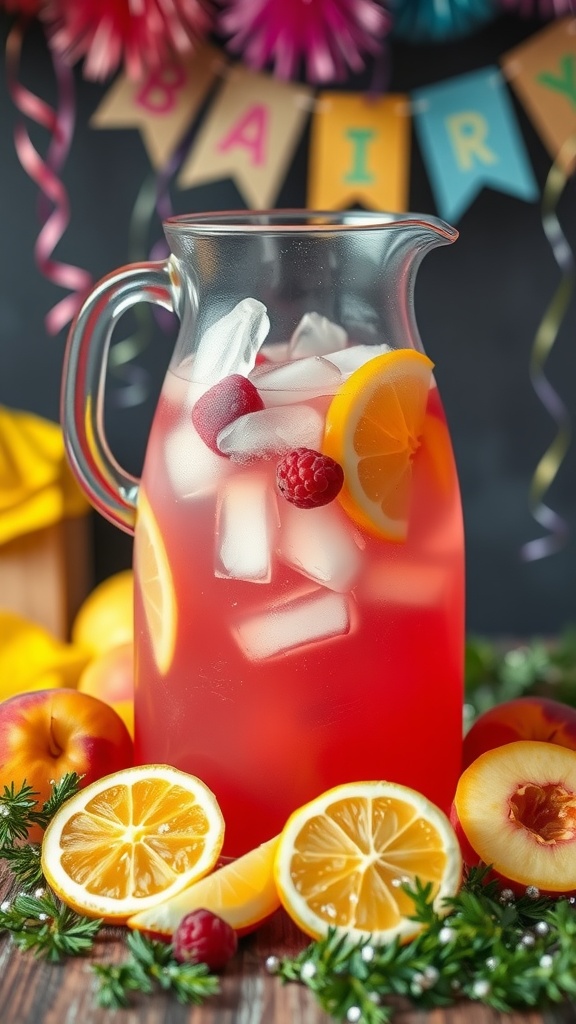A pitcher of raspberry peach lemonade with ice and lemon slices