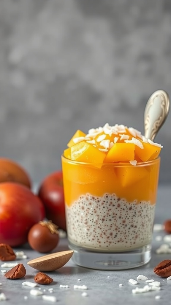 A glass of mango coconut chia pudding topped with diced mango and shredded coconut.