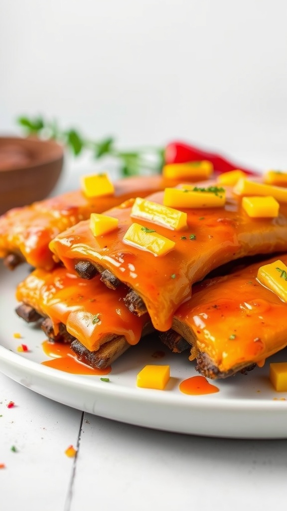 Grilled mango habanero ribs topped with cheese and sauce