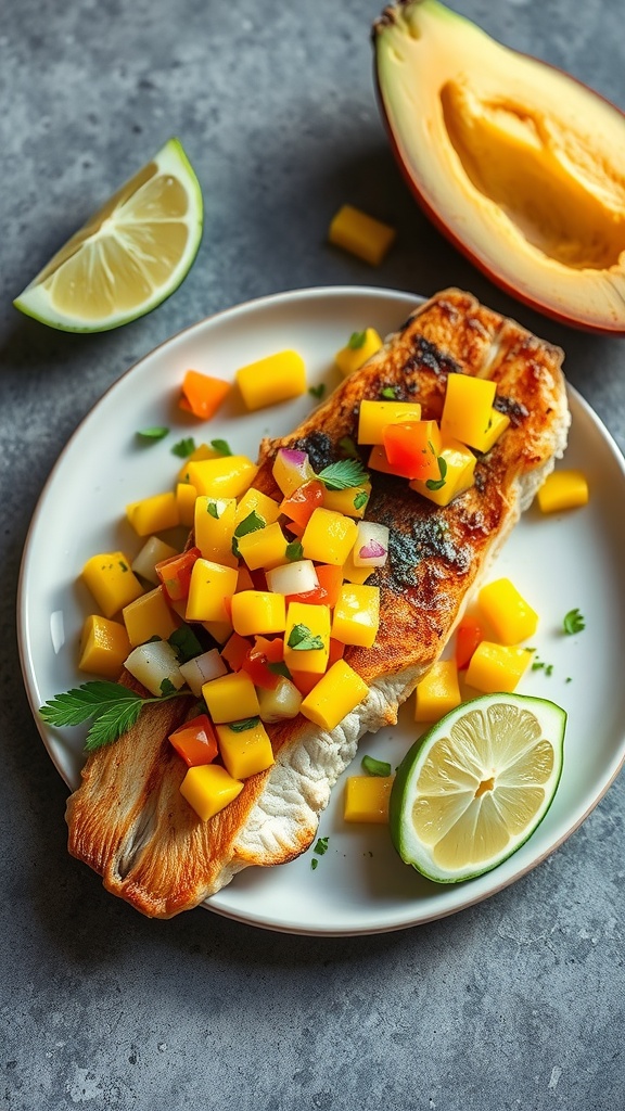 A plate featuring grilled fish topped with fresh mango salsa, garnished with cilantro and lime.