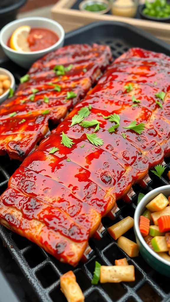 Maple-glazed BBQ pork ribs on a grill with a rich red glaze and garnished with herbs.