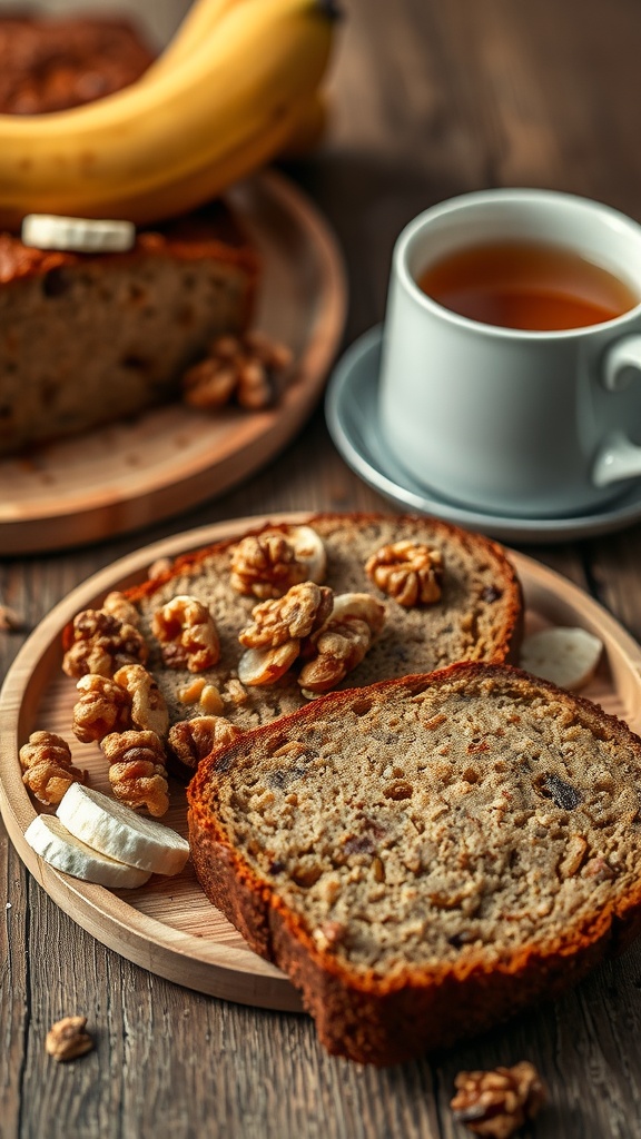 Sliced maple banana bread with walnuts on a wooden platter