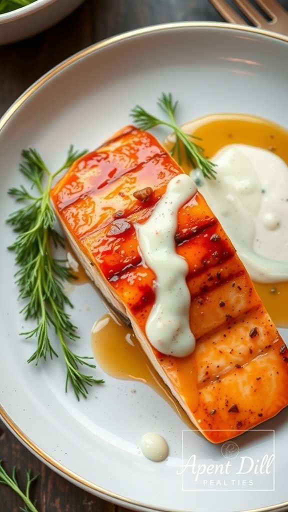 Maple glazed salmon with dill sauce on a plate
