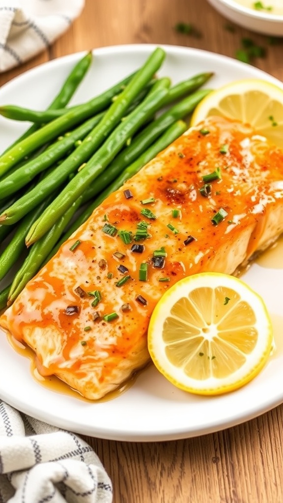 A beautifully plated salmon fillet glazed with maple mustard sauce, served with green beans and lemon slices.