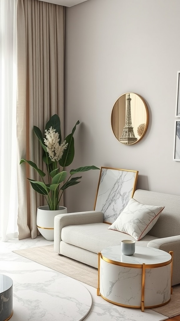 A stylish living room with marble accents, featuring a marble coffee table, marble decor, and a cozy sofa.