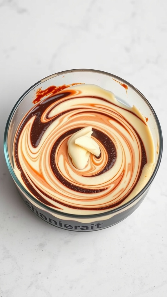 A bowl with swirled brownie and cheesecake mixture, perfect for marbled cheesecake brownies.