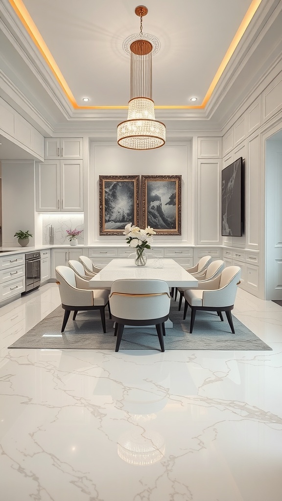 A stylish dining area featuring marble effect epoxy flooring, elegant chairs, and modern decor.
