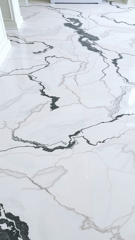 A stylish kitchen with marble effect epoxy flooring featuring fish artwork.