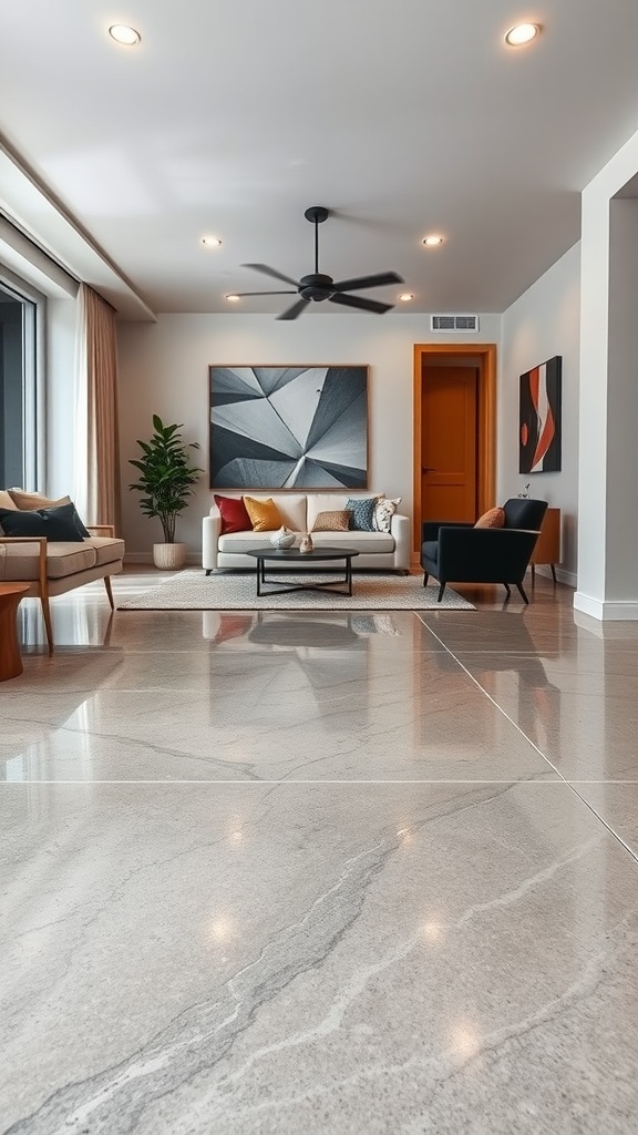 Living room featuring marble effect epoxy flooring, showcasing a modern design with light tones and contemporary furniture.