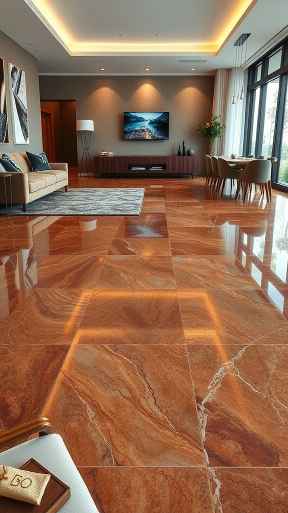 Interior view showing marble effect epoxy floors in a modern living room with stylish furniture.