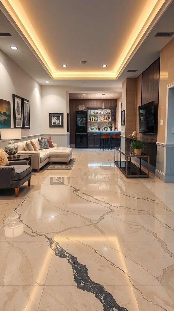 A stylish living room with marble effect epoxy flooring, featuring a cozy seating area and a home bar.