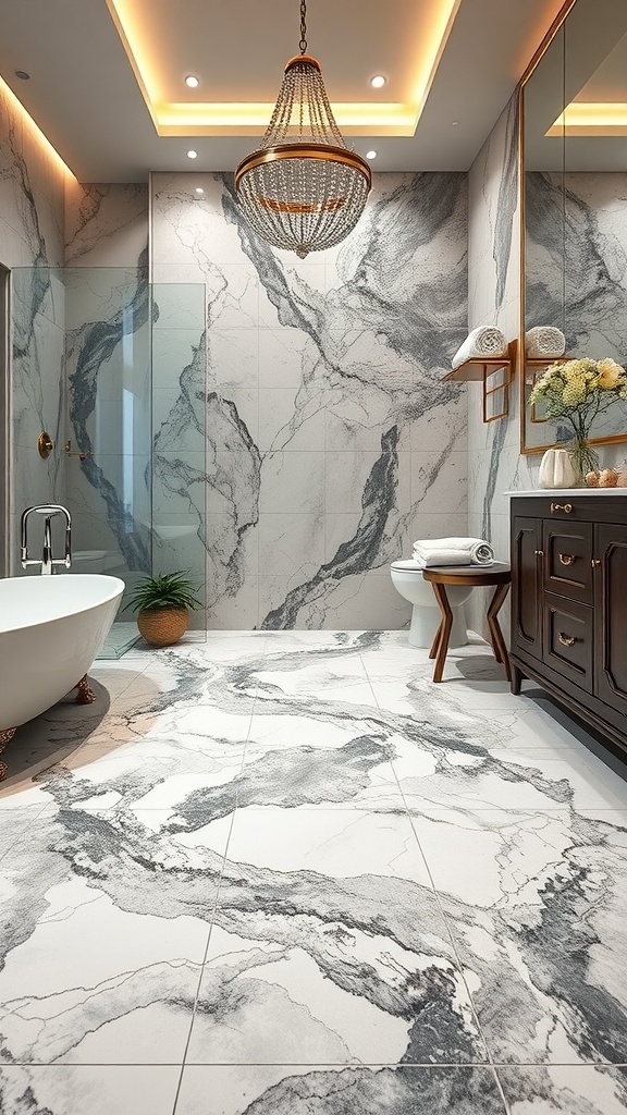 Elegant bathroom featuring marble effect epoxy flooring and stylish fixtures