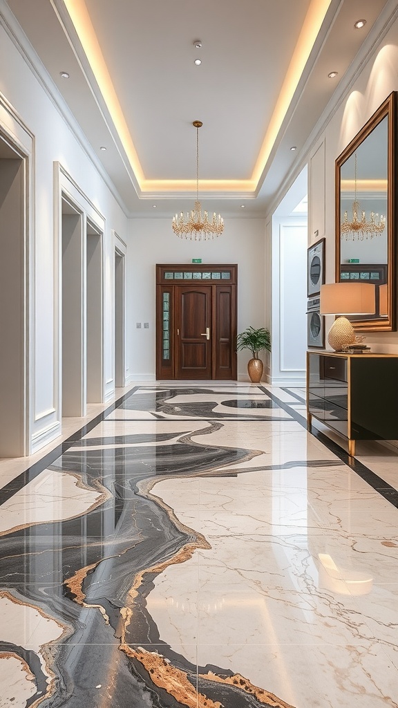 A hallway featuring a stylish marble effect epoxy floor design with black, white, and gold tones.