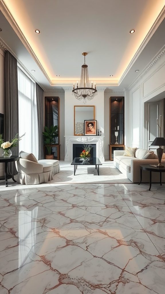 A stylish living room featuring a marble effect epoxy floor with elegant furnishings and decor.