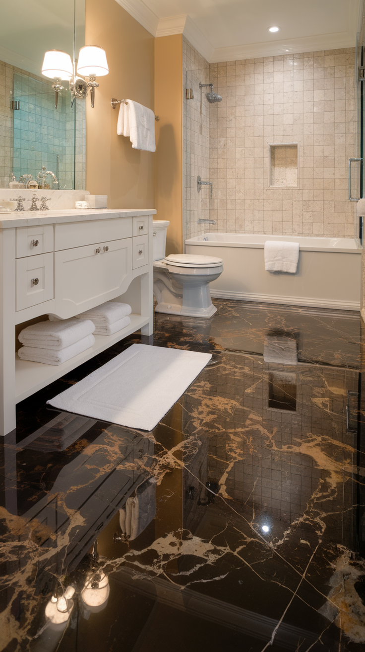 A bathroom with a marble effect epoxy floor, featuring a stylish sink, tub, and shower.