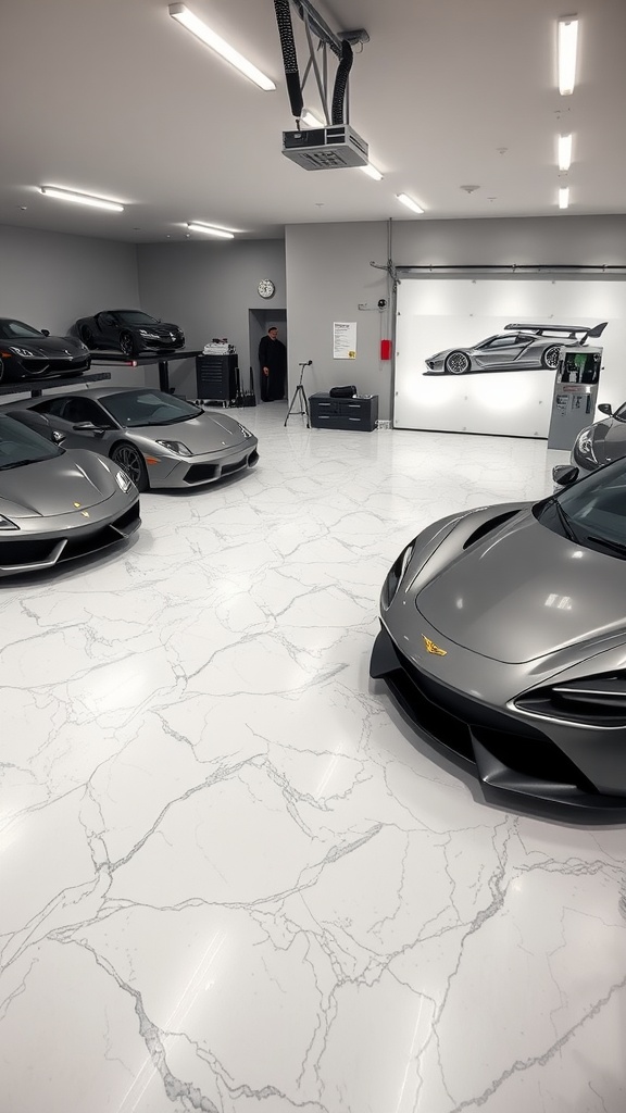 Luxury garage interior featuring marble effect epoxy flooring with multiple high-end cars