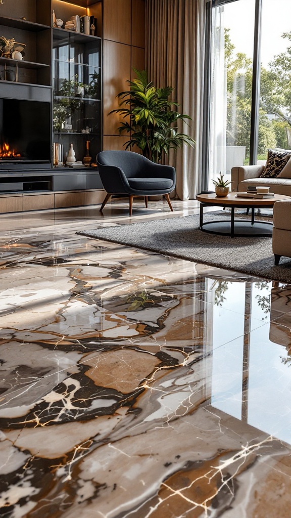 A modern living room with marble effect epoxy flooring, featuring a cozy seating area and large windows.