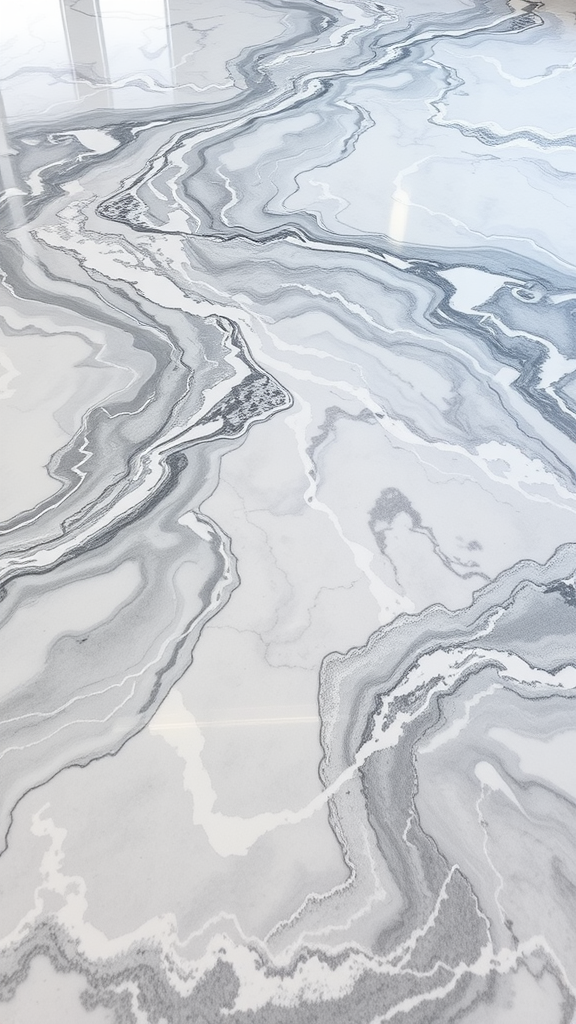 Close-up of marble effect epoxy flooring, showcasing swirling gray and white patterns.