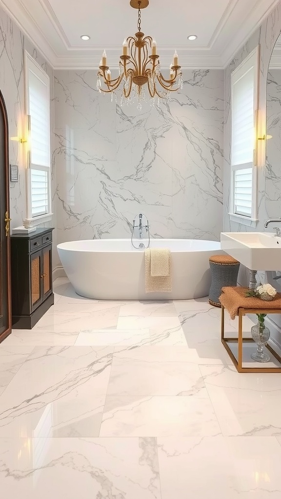 A modern bathroom featuring marble effect epoxy flooring, a freestanding bathtub, and stylish fixtures.