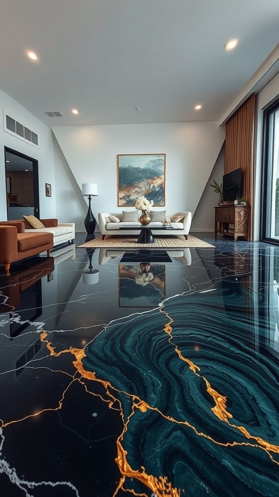 A modern living room featuring a marble effect epoxy floor, with a stylish couch and artwork in the background.
