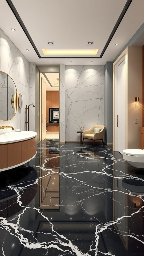 Marble effect epoxy flooring in a modern bathroom with elegant design.