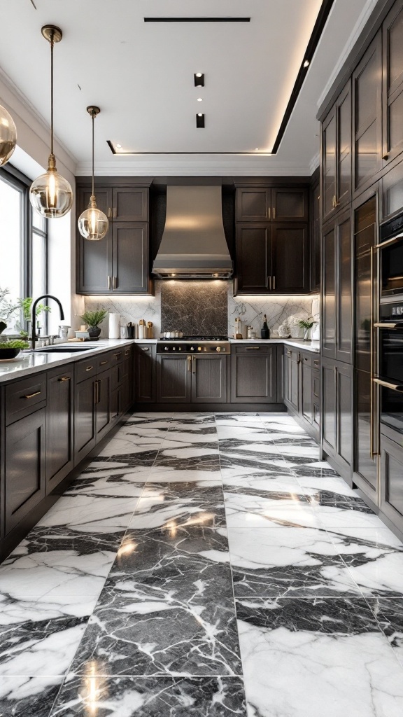 A modern kitchen featuring marble effect epoxy flooring with dark cabinetry and bright lighting.