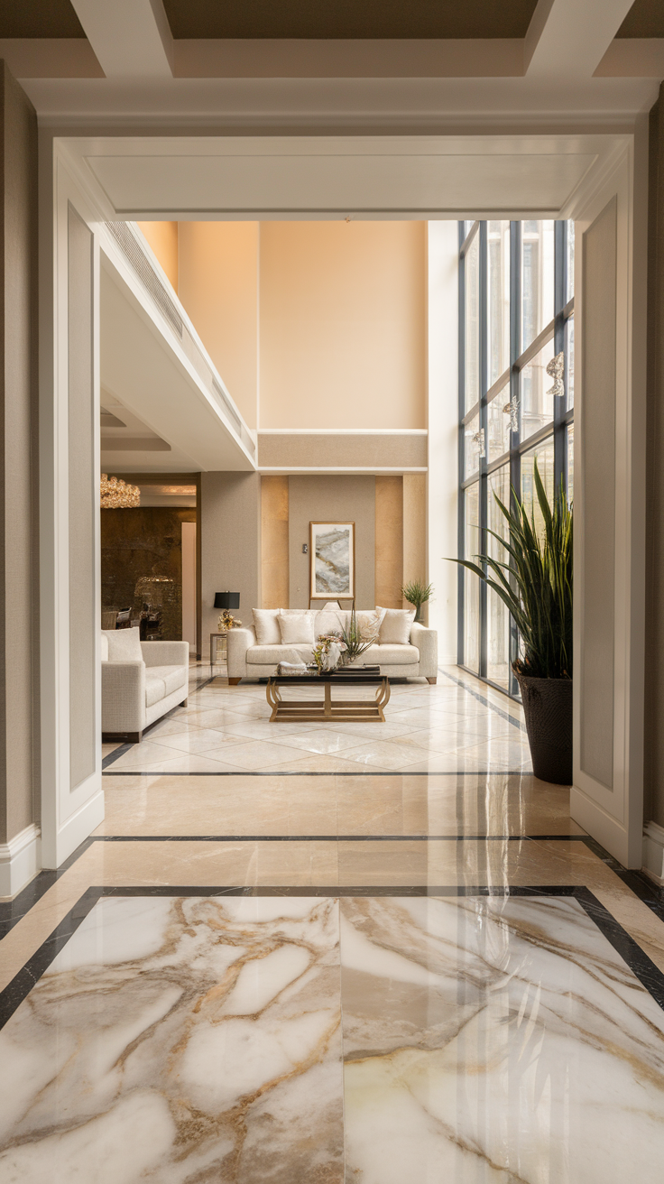 A beautifully designed living area showcasing marble effect epoxy floors.