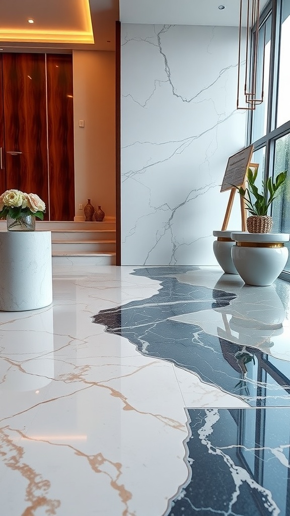 A modern entryway with marble effect epoxy flooring featuring black and white patterns and gold veins.