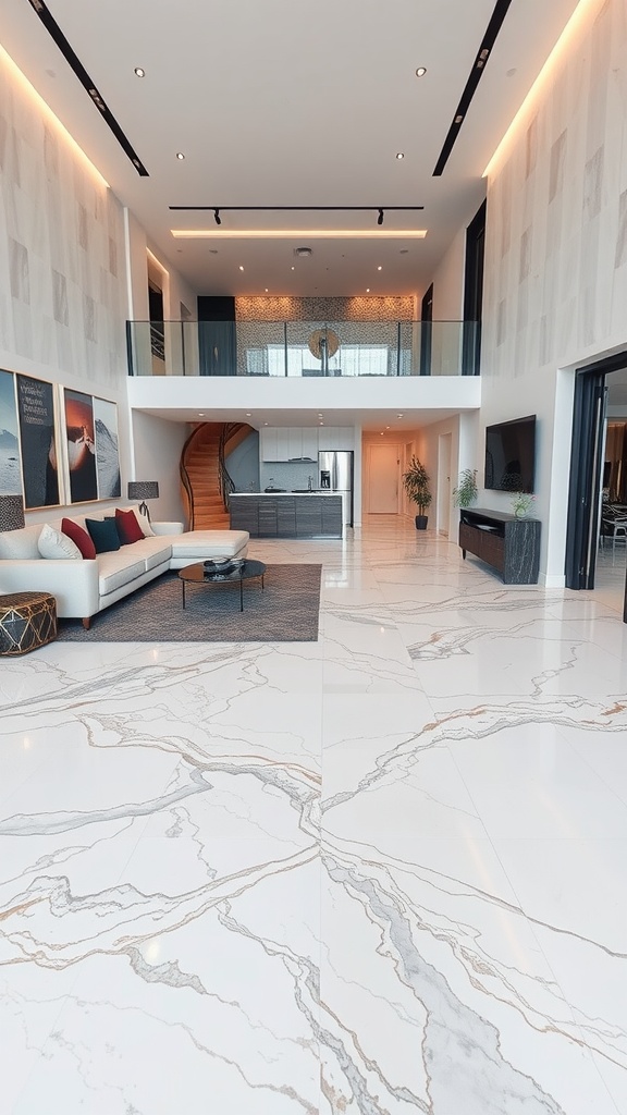 A modern living room showcasing marble effect epoxy floors with a spacious layout and stylish decor.