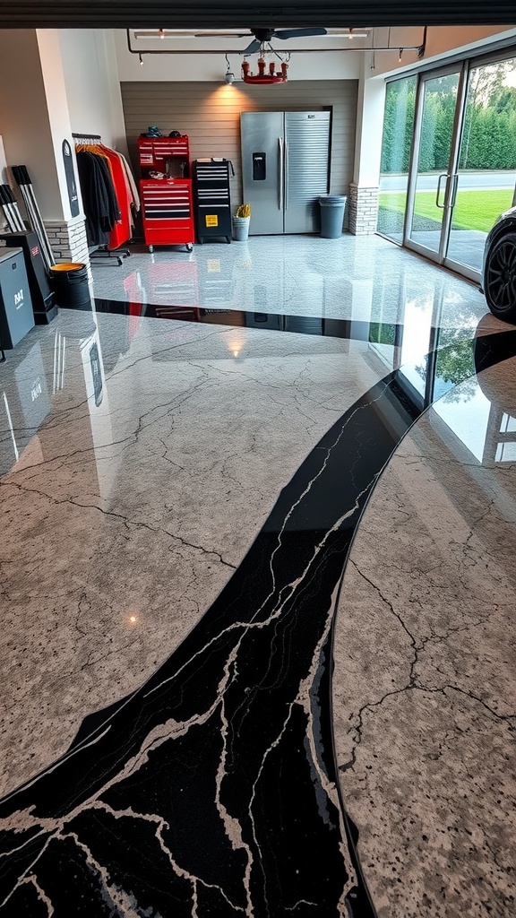 A modern garage with a marble effect epoxy floor, showing a sleek and polished surface