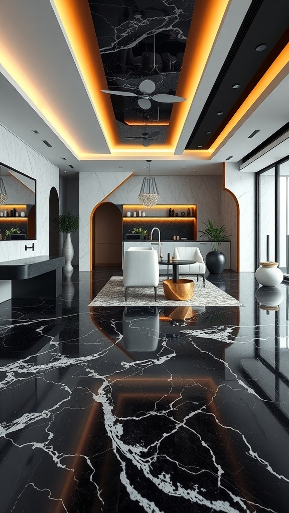 A modern room featuring a luxurious black marble effect epoxy floor with white veining, complemented by elegant furnishings.