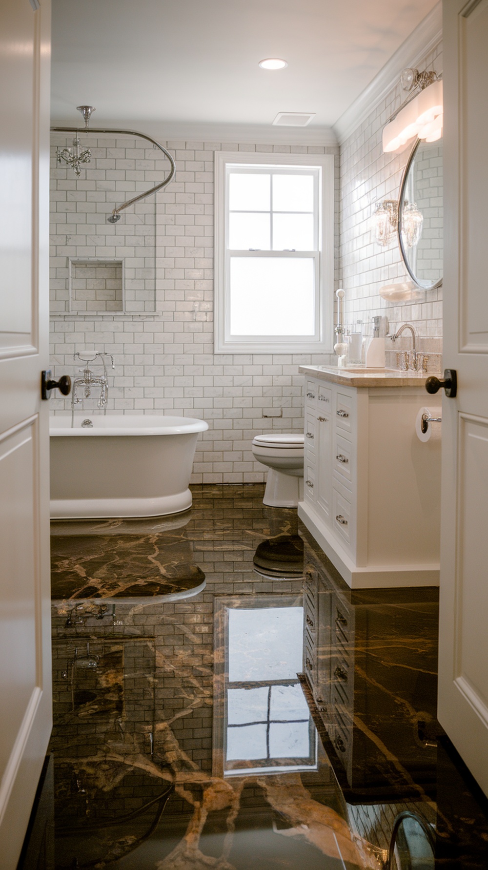 A bathroom featuring marble effect epoxy flooring with a modern design.