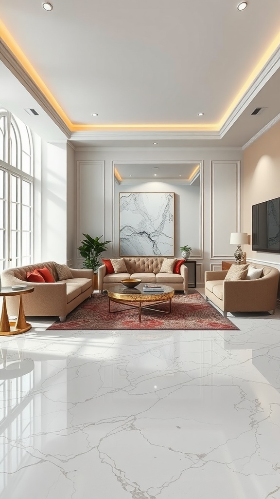 Living room with marble effect epoxy floor, featuring elegant furniture and natural light.