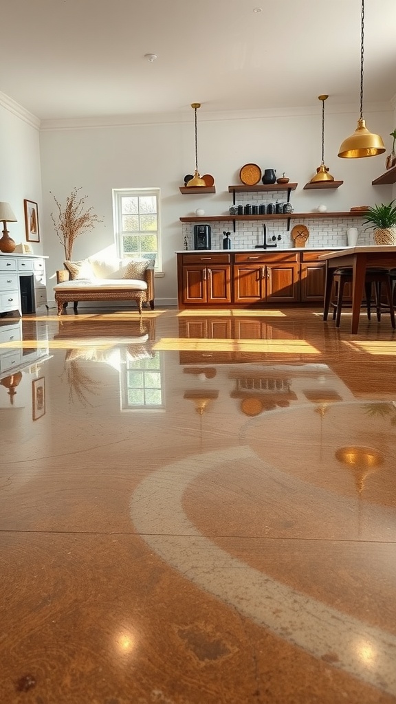 A modern kitchen and living room with a glossy brown epoxy floor, wooden cabinets, and stylish decor.