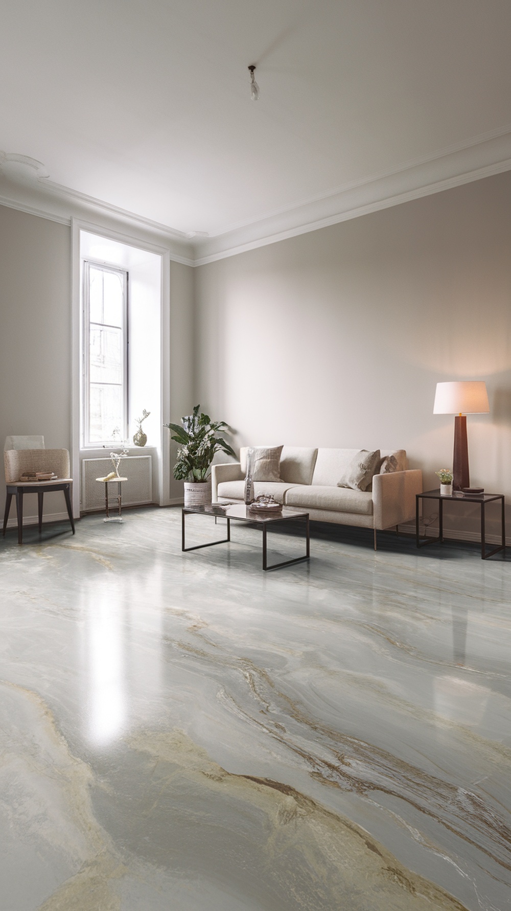 A stylish living room featuring a light-gray marble effect epoxy floor, elegant furniture, and natural light.