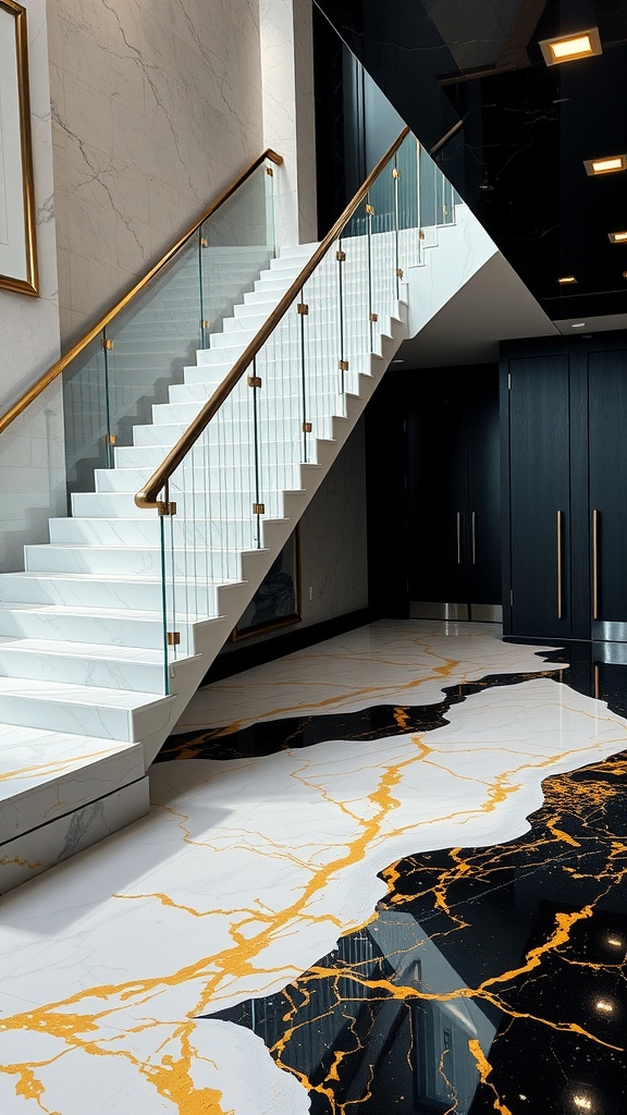 A modern staircase with white and gold marble epoxy flooring, featuring glass railings and a sleek design.