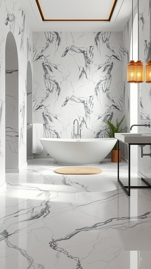 A luxurious bathroom with marble effect epoxy flooring, modern fixtures, and soft lighting.