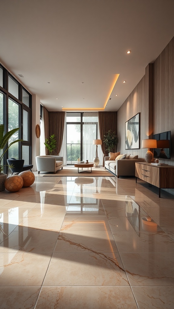 Living room with marble effect epoxy flooring, showcasing a modern design with large windows and stylish furniture.