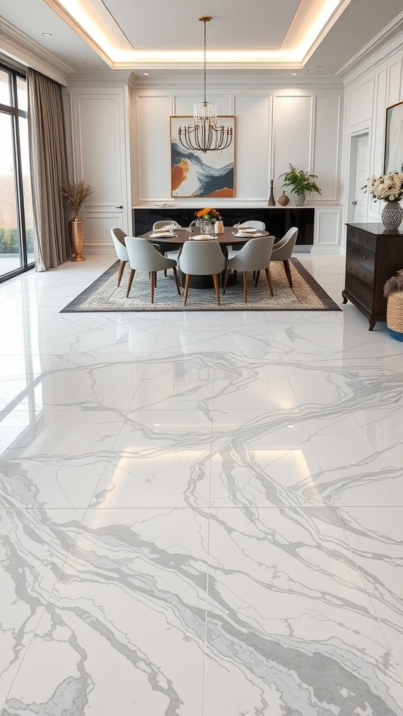 A dining area showcasing a marble effect epoxy floor with a luxurious design.