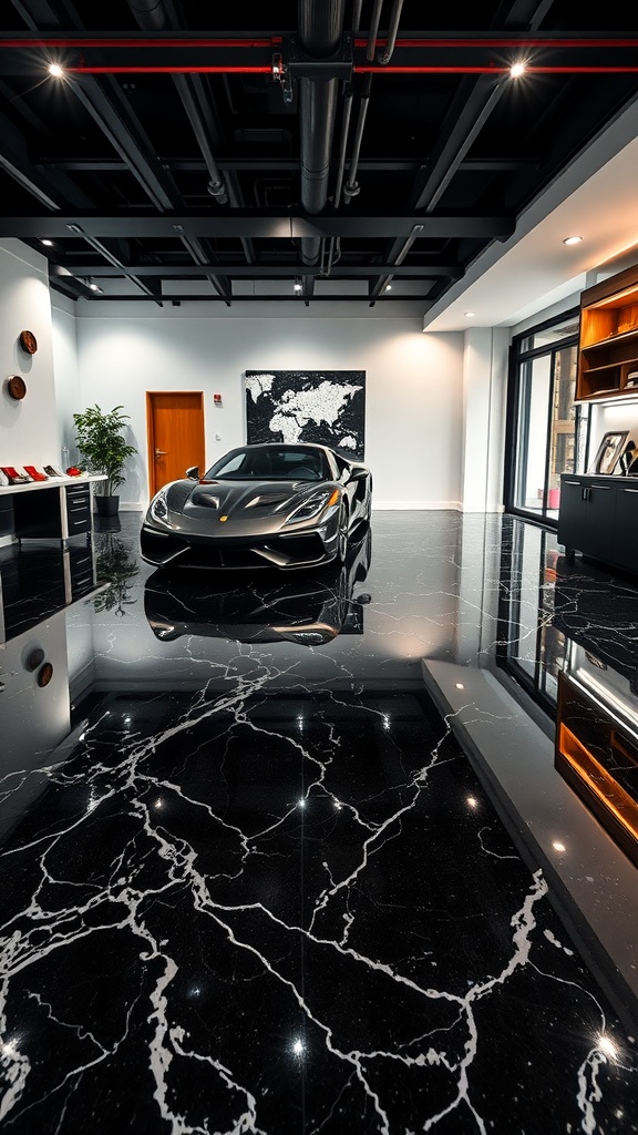 A luxury garage with a black marble epoxy floor, showcasing a modern vehicle.