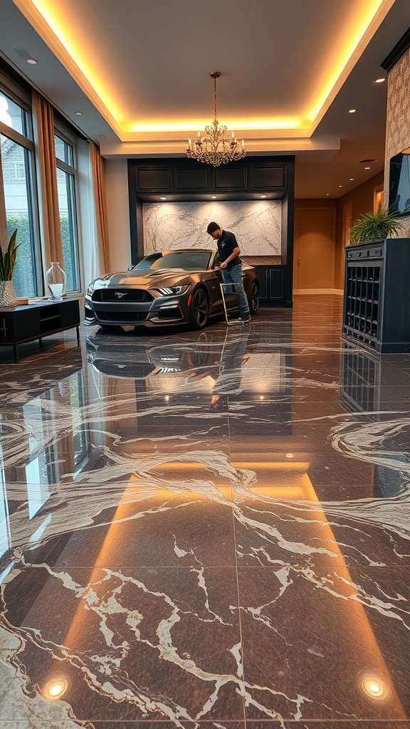 Luxurious marble effect epoxy floor in a modern living space with a car.