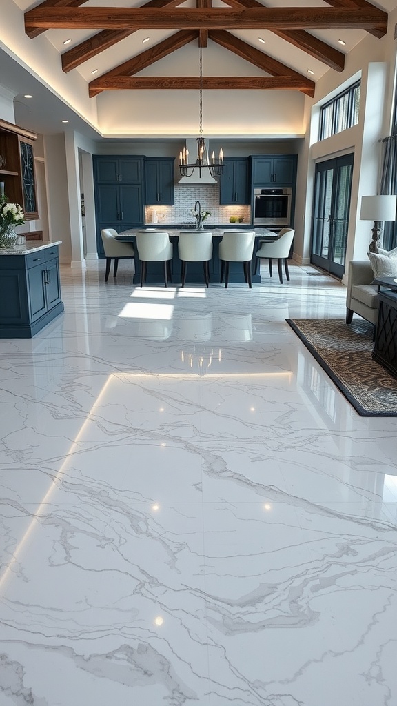 A luxurious kitchen featuring marble effect epoxy flooring with modern decor.