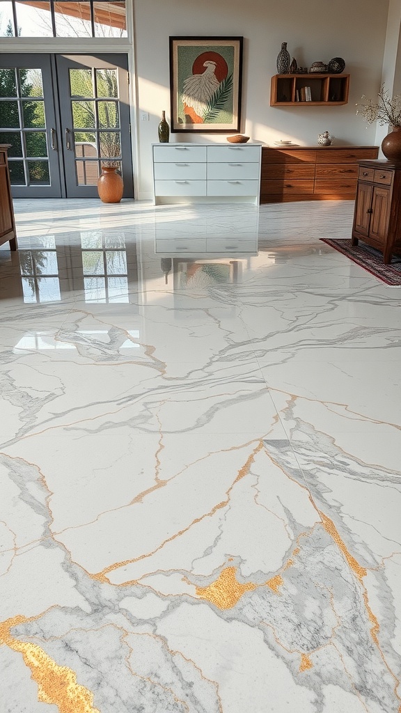 A beautifully designed marble-effect epoxy floor with swirls of gray and gold accents, reflecting light in a spacious interior.