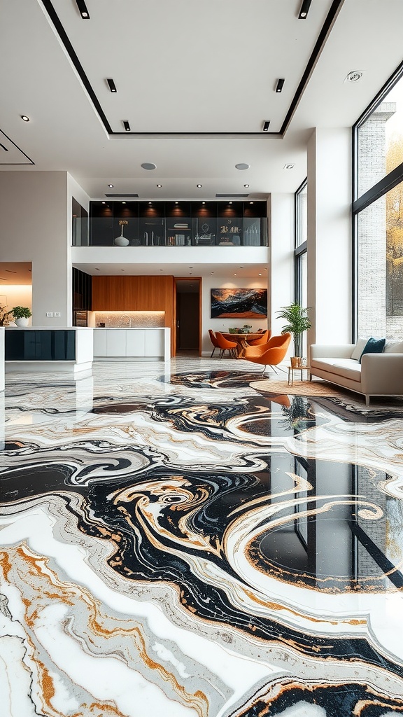 A beautifully designed marble effect epoxy resin floor in a modern living space.