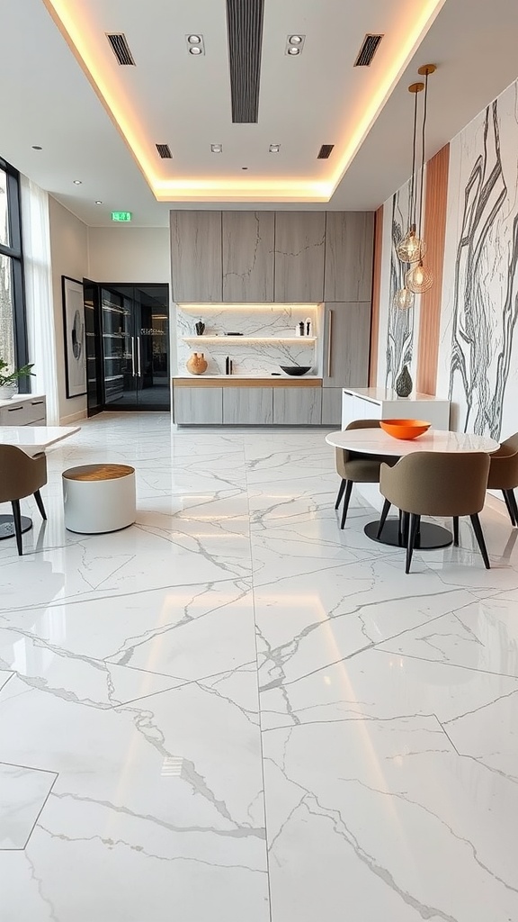 A modern interior featuring elegant marble effect resin flooring, stylish furniture, and contemporary decor.