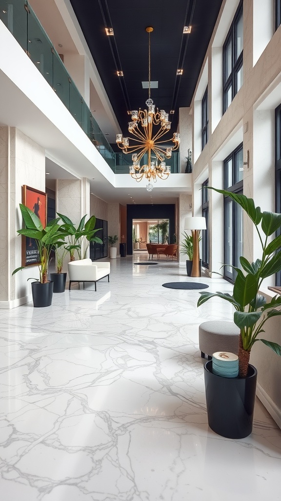 A display of marble tiles featuring swirling veins in white and gray tones, showcasing a high-gloss finish.
