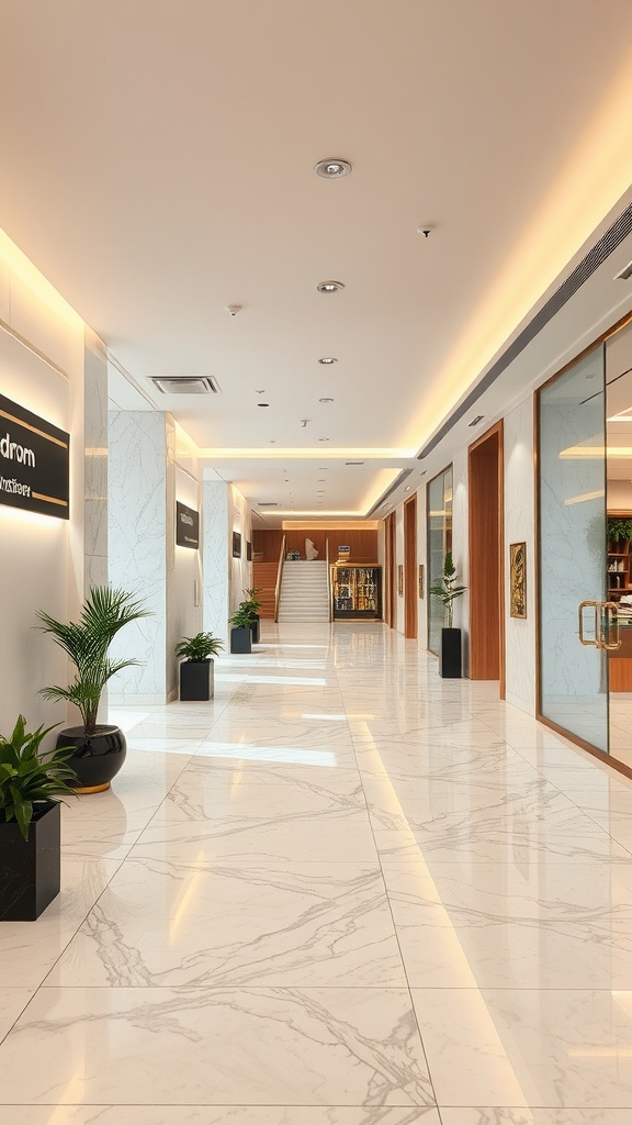 A hallway showcasing polished marble flooring with swirling veins in white and gray tones, surrounded by modern decor and plants.